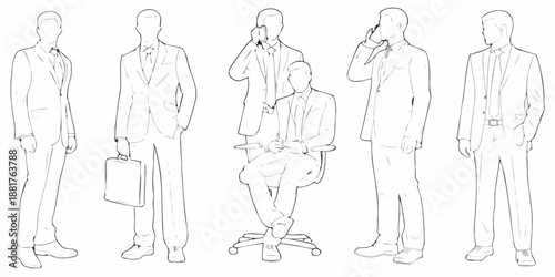 Line art illustration of businessmen in suits with various poses and actions