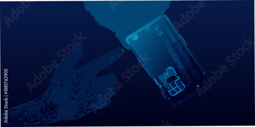 A hand interacting with a smartphone screen underwater bathed in blue light