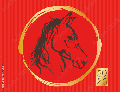 Vector vintage illustration of horse head in Asian sumi-e style for Chinese new year 2026. Vector horse head like symbol 2026 year in lunar calendar.