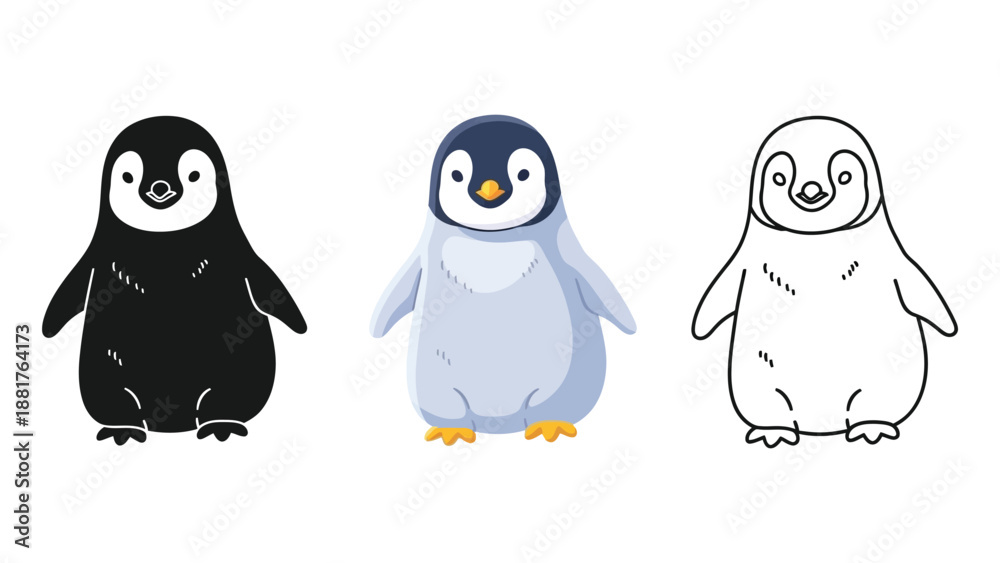 Fototapeta premium Baby penguin icons, black silhouette, color, and outline