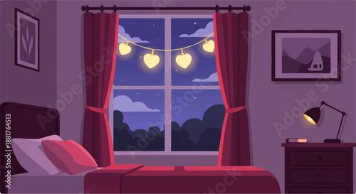 Cozy bedroom interior at night with heart lights, starry window, and comfy bed.