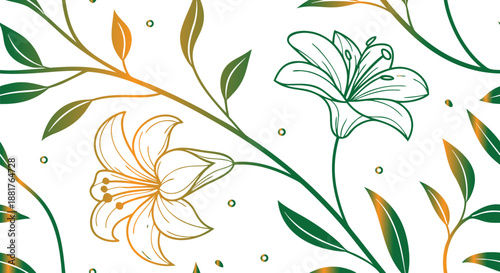 Exquisite botanical illustration featuring delicate lilies intertwined with flowing branches, evoking a sense of natural elegance and organic beauty, perfect for sophisticated floral designs 