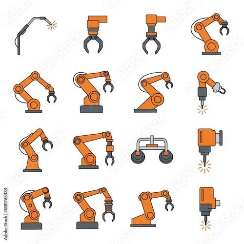 Industrial Robotic Arm Icon Set. Automated Factory Manufacturing, Welding, and Assembly Line Machinery Vector Illustration.