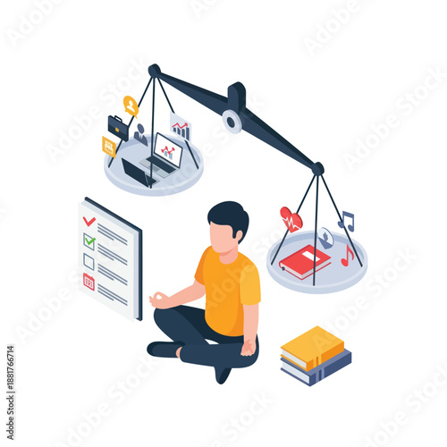 Man Weighing Work and Leisure Time.