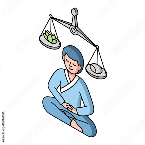 Canvas Print Woman Meditating on Balanced Scale Illustration.