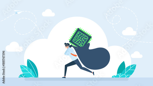 Man stealing chip and running away. Hacker stealing technology. Concept of data breach, file hacking, computer security vulnerability, or cybercrime. Vector illustration