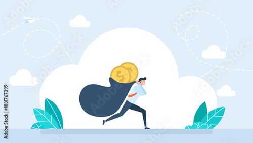 Business Financial success goal, businessman carrying big heavy sack full of cash money. Man carrying bag of money, rejoicing at amount of finance earned or receiving dividends. Vector illustration