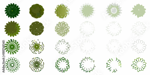 A collection of various green tree top views in different shapes and shades