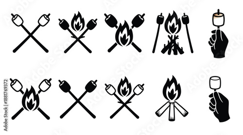 Collection of black and white depicting marshmallows sticks over campfires and a hand holding a marshmallow