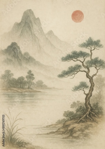 Serene landscape with misty mountains.