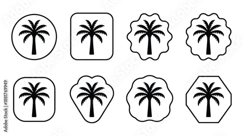 Collection of black palm tree in various circular and polygonal frames