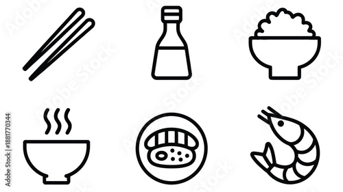 Collection of simple black line representing Asian food and dining chopsticks sauce