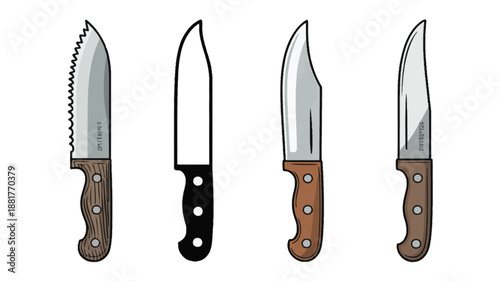Different kitchen knives with serrated and smooth blades and wooden and black handles