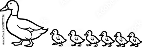 Mother duck and baby ducklings line art for farm animal wildlife and duck pond illustration – Black Vector Illustration