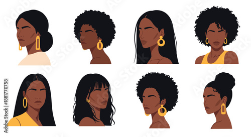 Set of profile avatars of beautiful Black women with diverse hairstyles including afros, buns, and long hair wearing gold earrings.