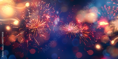 Vibrant fireworks display with bokeh lights and a celebratory atmosphere