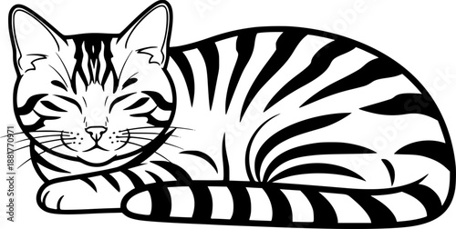 Tabby cat laying and resting in relaxed pose with striped fur pattern for peaceful domestic pet concept – Black and White Vector Illustration