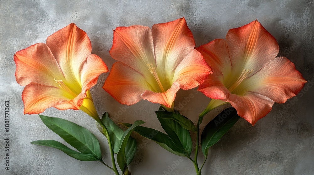 Fototapeta premium Three coral-hued flowers on a light gray background