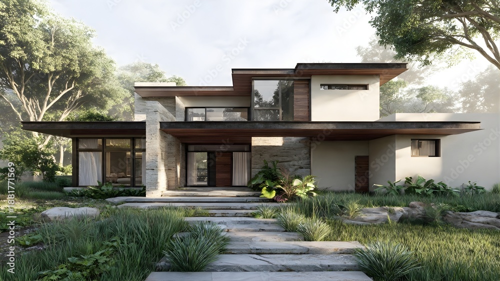 custom made wallpaper toronto digitalA luxury villa featuring modern architecture with clean lines, sloped roof, large windows, neutral exterior tones, and a landscaped front yard with lush green grass, plants, and stone pathways
