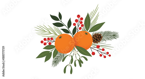 Festive holiday arrangement of bright oranges, pine cones, red berries, and greenery representing a traditional winter celebration.