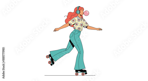 Cool young woman with long pink hair roller skating while blowing a pink bubble gum bubble in a retro 70s style.