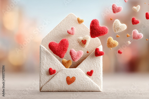 3D illustration of a craft paper envelope floating in air, open and releasing flying, fluffy red felt hearts upwards. Perfect for Valentine's Day card, invitation, or social media graphics.