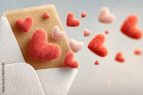 3D illustration of a craft paper envelope floating in air, open and releasing flying, fluffy red felt hearts upwards. Perfect for Valentine's Day card, invitation, or social media graphics.