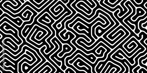 Intricate black and white abstract pattern with flowing connected lines and shapes