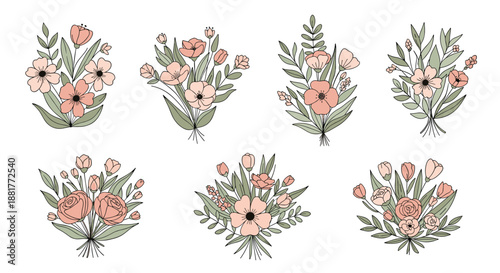Collection of seven diverse floral bouquets featuring pink flowers and green leaves in a soft vintage illustration style.