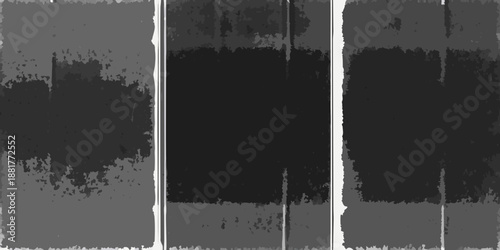 Abstract triptych with varying shades of gray and textured black elements