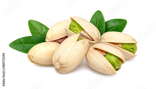 Wallpaper Mural Close-up of several opened pistachios revealing their green inner contents, nestled among fresh green leaves, against a white backdrop Torontodigital.ca