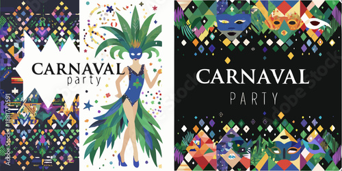 Vibrant carnaval party flyers with colorful masks and costumes