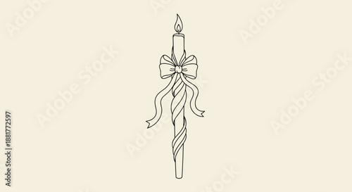 Simple black outline drawing of a tall burning candle decorated with a large ribbon bow around the middle.