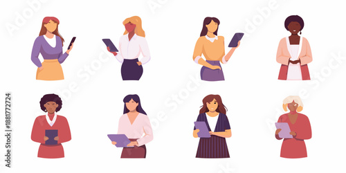Diverse group of women various ethnicities holding tablets and phones
