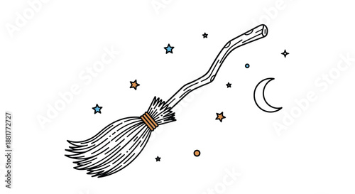 Hand-drawn wooden broomstick flying through a starry night sky with a crescent moon and colorful star accents in a whimsical style.