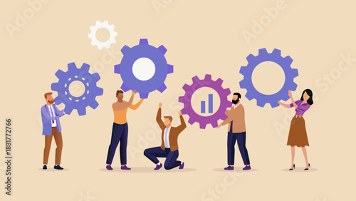 a group of people working together to assemble large gears