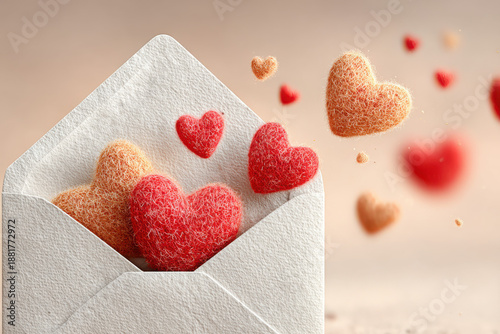 3D illustration of a craft paper envelope floating in air, open and releasing flying, fluffy red felt hearts upwards. Perfect for Valentine's Day card, invitation, or social media graphics.