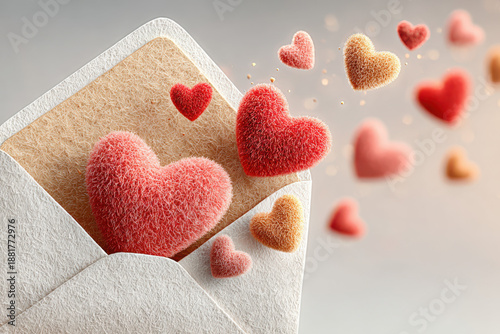 3D illustration of a craft paper envelope floating in air, open and releasing flying, fluffy red felt hearts upwards. Perfect for Valentine's Day card, invitation, or social media graphics.