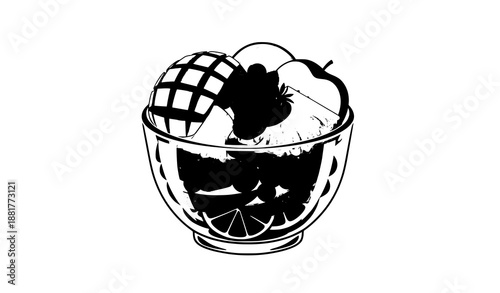 Fresh mixed fruit salad in glass bowl vector illustration for healthy food design