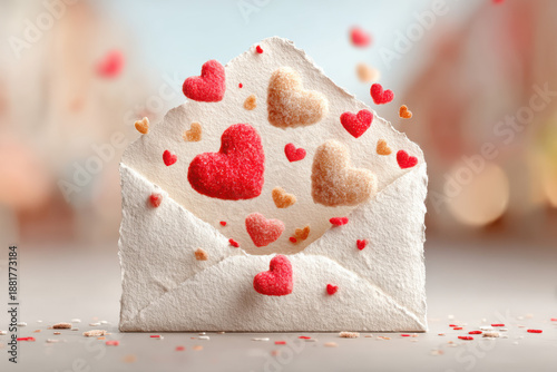3D illustration of a craft paper envelope floating in air, open and releasing flying, fluffy red felt hearts upwards. Perfect for Valentine's Day card, invitation, or social media graphics.