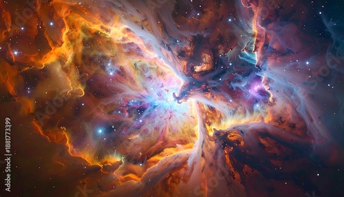 A vibrant nebula showcases celestial gases and dust illuminated by radiant starlight, with hues of orange, blue, and gold creating an ethereal atmosphere