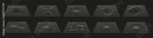 Distorted grid surface patterns forming abstract wave shapes. Futuristic digital backgrounds with depth illusion