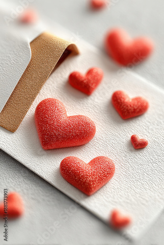 3D illustration of a craft paper envelope floating in air, open and releasing flying, fluffy red felt hearts upwards. Perfect for Valentine's Day card, invitation, or social media graphics.