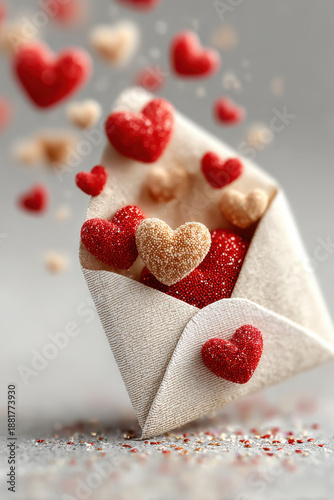 3D illustration of a craft paper envelope floating in air, open and releasing flying, fluffy red felt hearts upwards. Perfect for Valentine's Day card, invitation, or social media graphics.