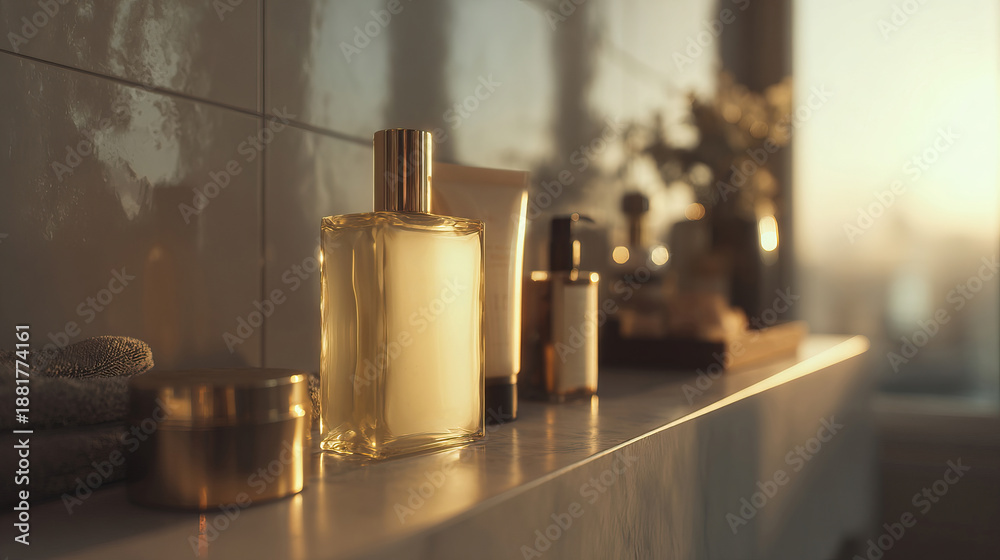Fototapeta premium Stylish collection of beauty items featuring shimmering glass containers and lipstick