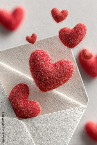 3D illustration of a craft paper envelope floating in air, open and releasing flying, fluffy red felt hearts upwards. Perfect for Valentine's Day card, invitation, or social media graphics.