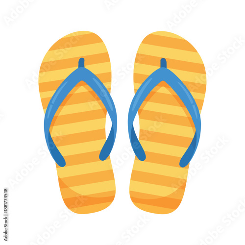 Flat lay of a pair of orange striped flip flops with blue straps on a white background.