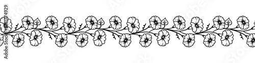 Floral border with blooming branches, leaves and flowers. Spring seamless horizontal background with beautiful hand drawn garland in line art style. Vector vintage illustration.