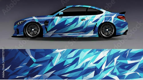 Blue sports car with abstract geometric wrap design and matching pattern strip.