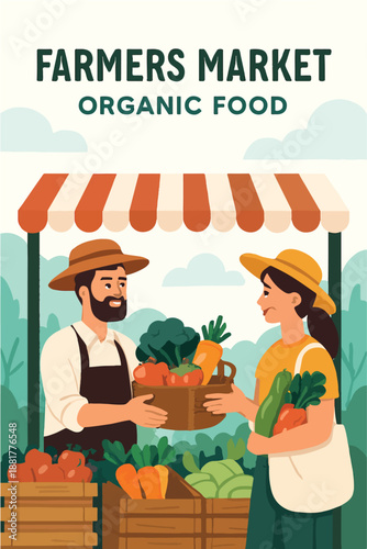 Vector Illustration of a Local Farmer Selling a Basket of Fresh Vegetables to a Customer at an Outdoor Organic Food Market
